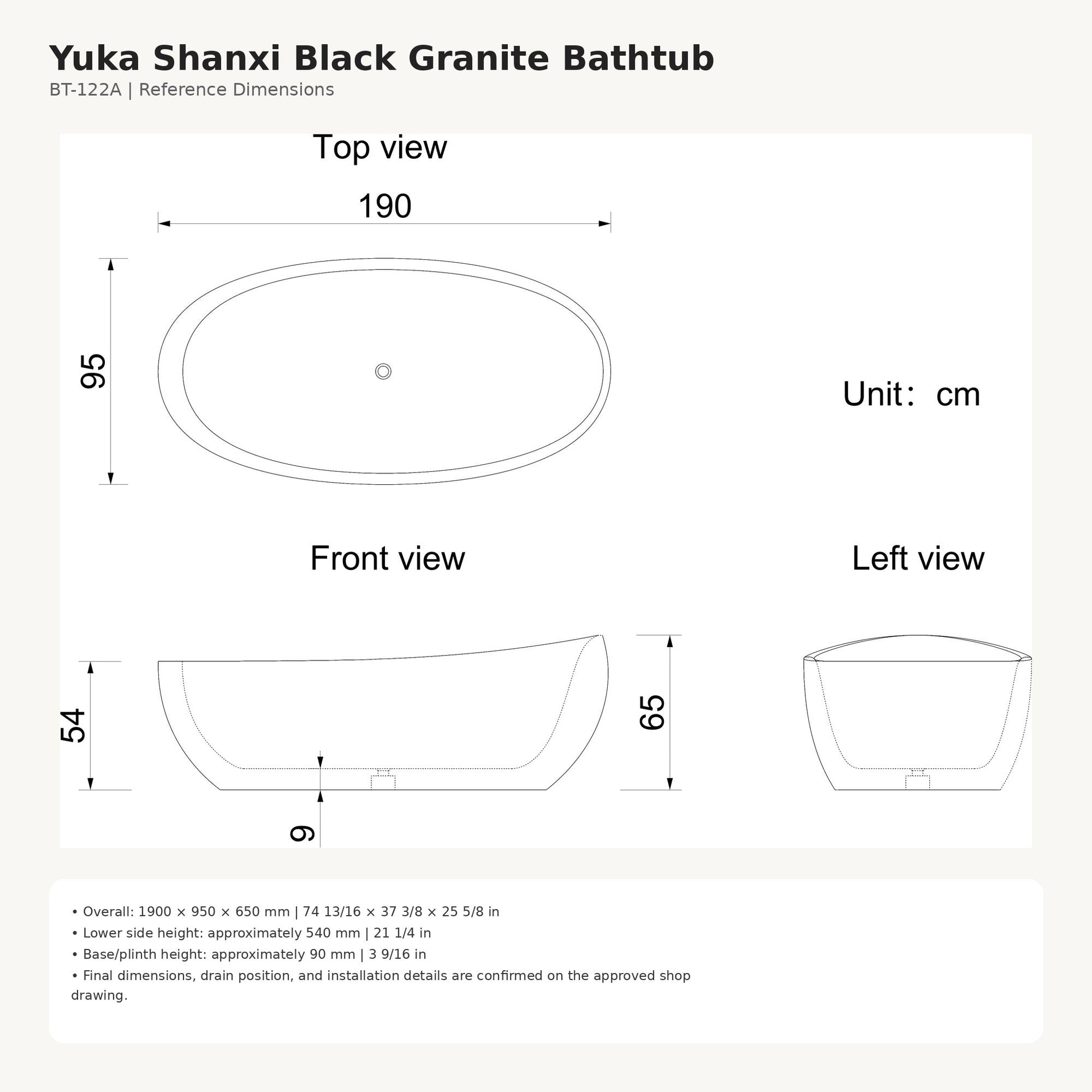 Yuka Shanxi Black Granite bathtub dimensions, 1900 x 950 x 650 mm