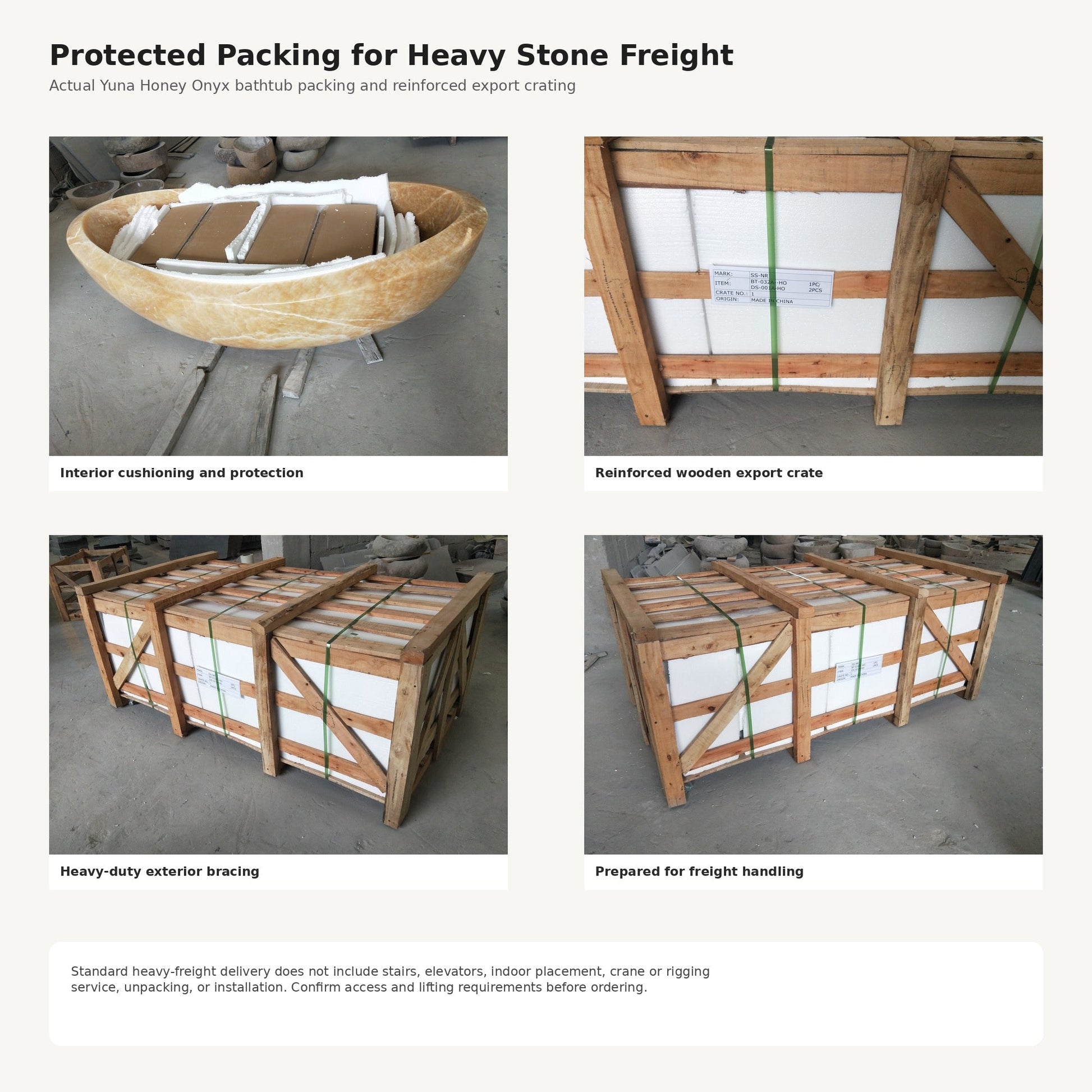 OIXDESIGN natural stone bathtub protective packing, reinforced wooden export crate, and heavy-freight preparation