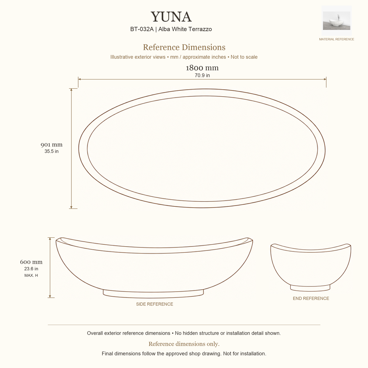 Yuna BT-032A Alba White Terrazzo bathtub reference dimensions: 1800 × 901 × 600 mm (L × W × maximum overall H). Source-based exterior illustration; not to scale. Final dimensions follow approved shop drawing; not for installation.