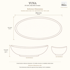 Yuna BT-032A Alba White Terrazzo bathtub reference dimensions: 1800 × 901 × 600 mm (L × W × maximum overall H). Source-based exterior illustration; not to scale. Final dimensions follow approved shop drawing; not for installation.