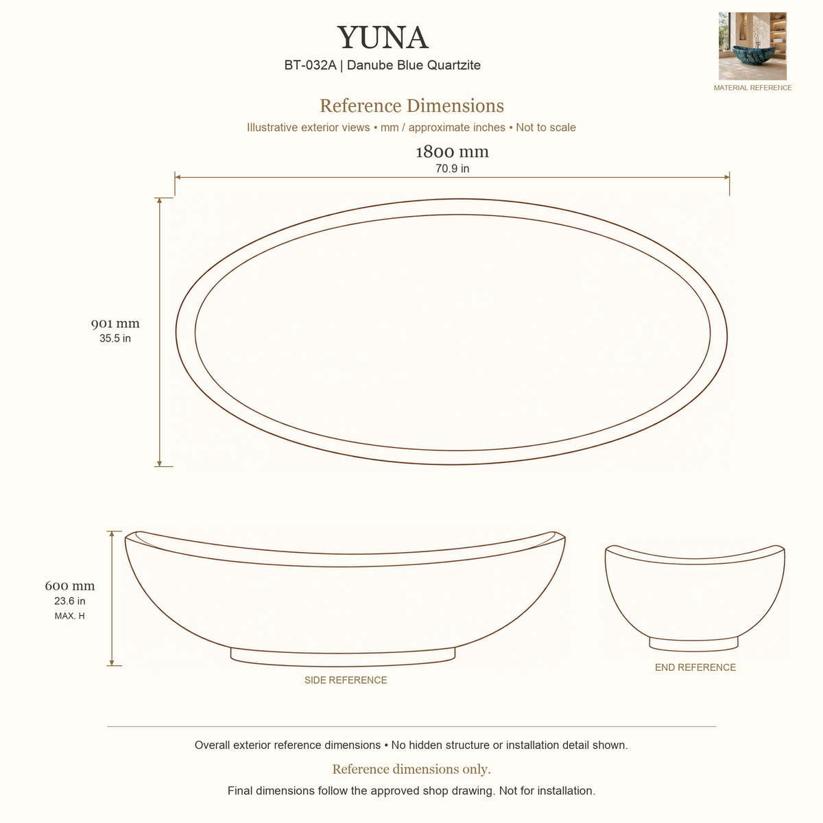 Yuna BT-032A Danube Blue Quartzite bathtub reference dimensions: 1800 × 901 × 600 mm (L × W × maximum overall H). Source-based exterior illustration; not to scale. Final dimensions follow approved shop drawing; not for installation.
