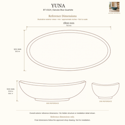 Yuna BT-032A Danube Blue Quartzite bathtub reference dimensions: 1800 × 901 × 600 mm (L × W × maximum overall H). Source-based exterior illustration; not to scale. Final dimensions follow approved shop drawing; not for installation.