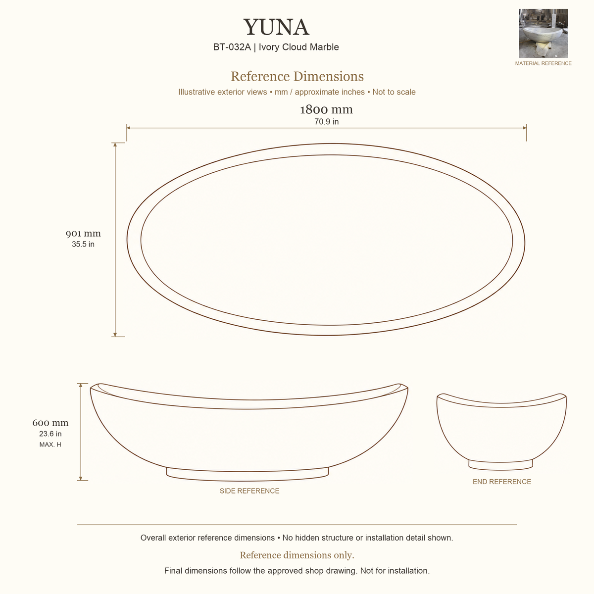 Yuna BT-032A Ivory Cloud Marble bathtub reference dimensions: 1800 × 901 × 600 mm (L × W × maximum overall H). Source-based exterior illustration; not to scale. Final dimensions follow approved shop drawing; not for installation.