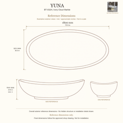 Yuna BT-032A Ivory Cloud Marble bathtub reference dimensions: 1800 × 901 × 600 mm (L × W × maximum overall H). Source-based exterior illustration; not to scale. Final dimensions follow approved shop drawing; not for installation.