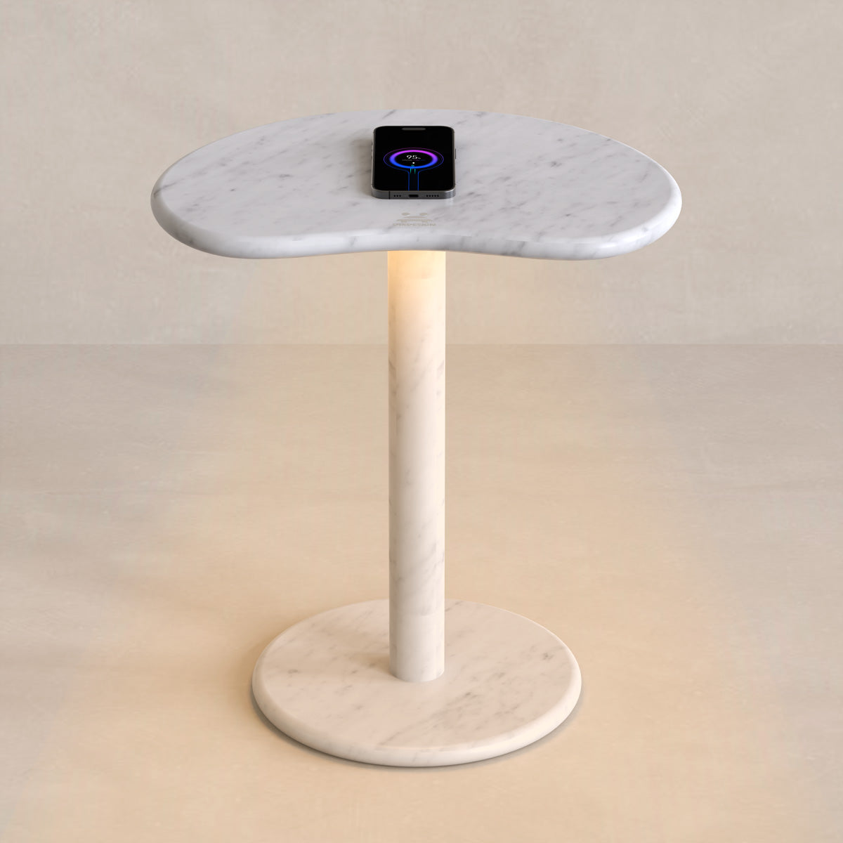 OIXDESIGN PeaPod Side Table, Italian Carrara Marble, Wireless Charging, Night Lights, Micro Scene Graph, Front View