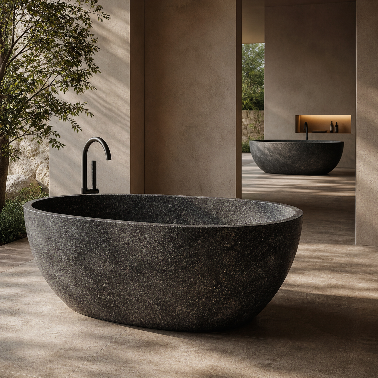 Stone bathtubs in a sunlit spa-inspired bathroom space