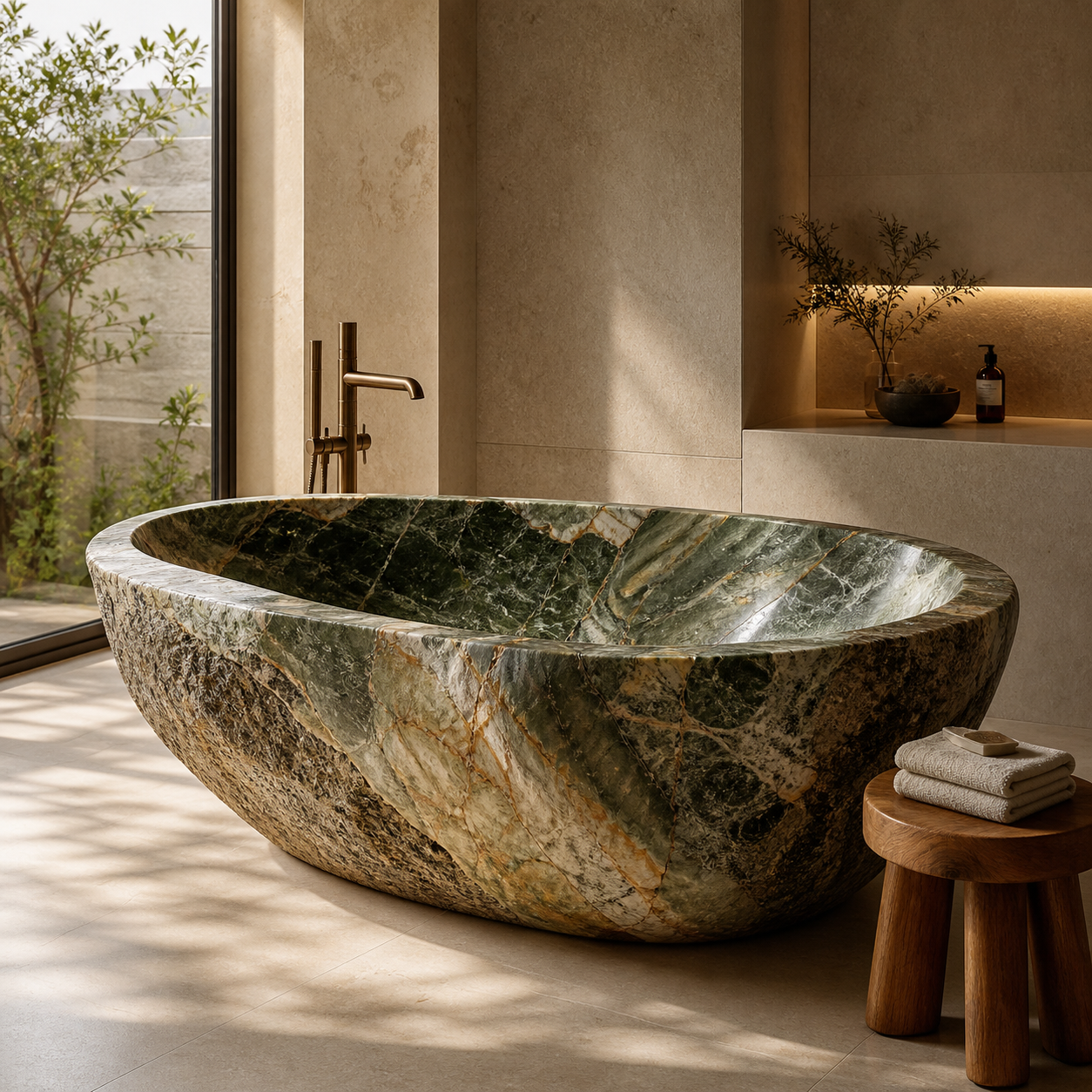 Close-up craftsmanship detail of a solid granite bathtub being hand finished