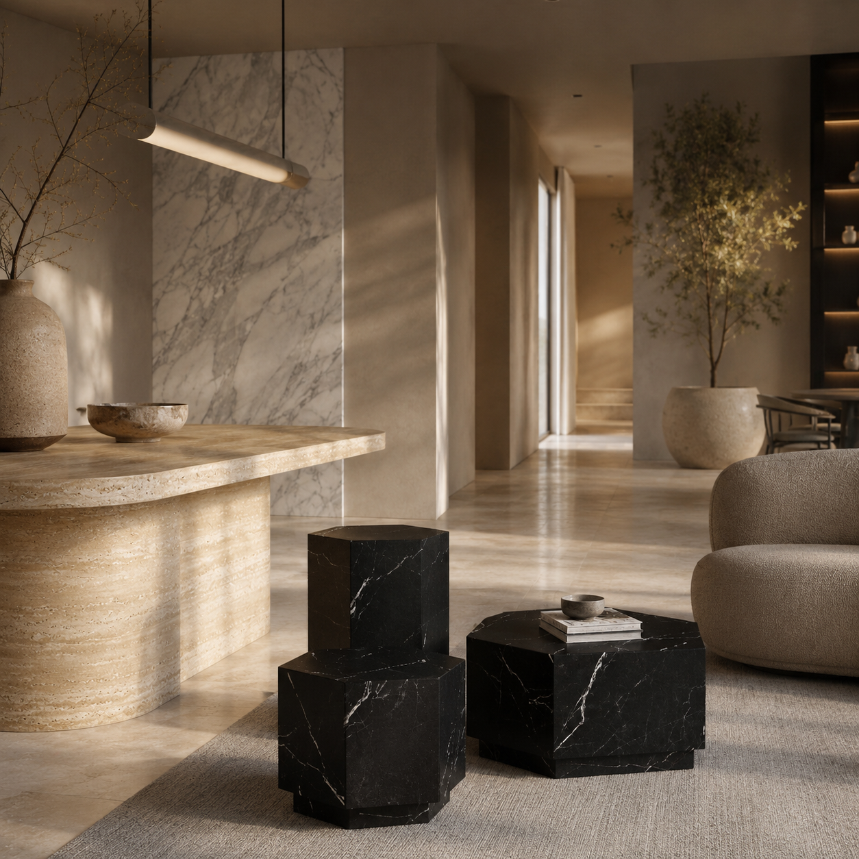 OIXDESIGN natural stone tables styled in a warm interior with sculptural marble and black stone pieces.