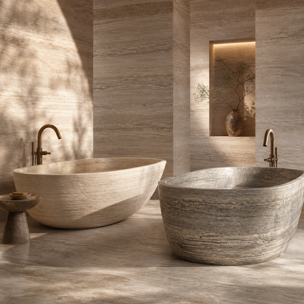 Travertine freestanding bathtubs displayed in a serene spa-inspired bathroom