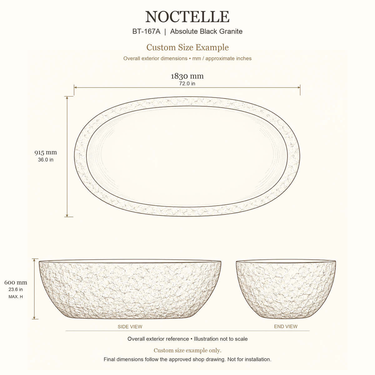 Noctelle BT-167A Absolute Black Granite bathtub custom size example: 1830 × 915 × 600 mm (L × W × maximum overall H). Final dimensions follow the approved shop drawing; not for installation.