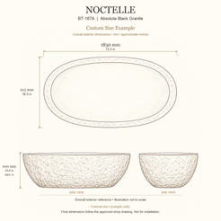 Noctelle BT-167A Absolute Black Granite bathtub custom size example: 1830 × 915 × 600 mm (L × W × maximum overall H). Final dimensions follow the approved shop drawing; not for installation.