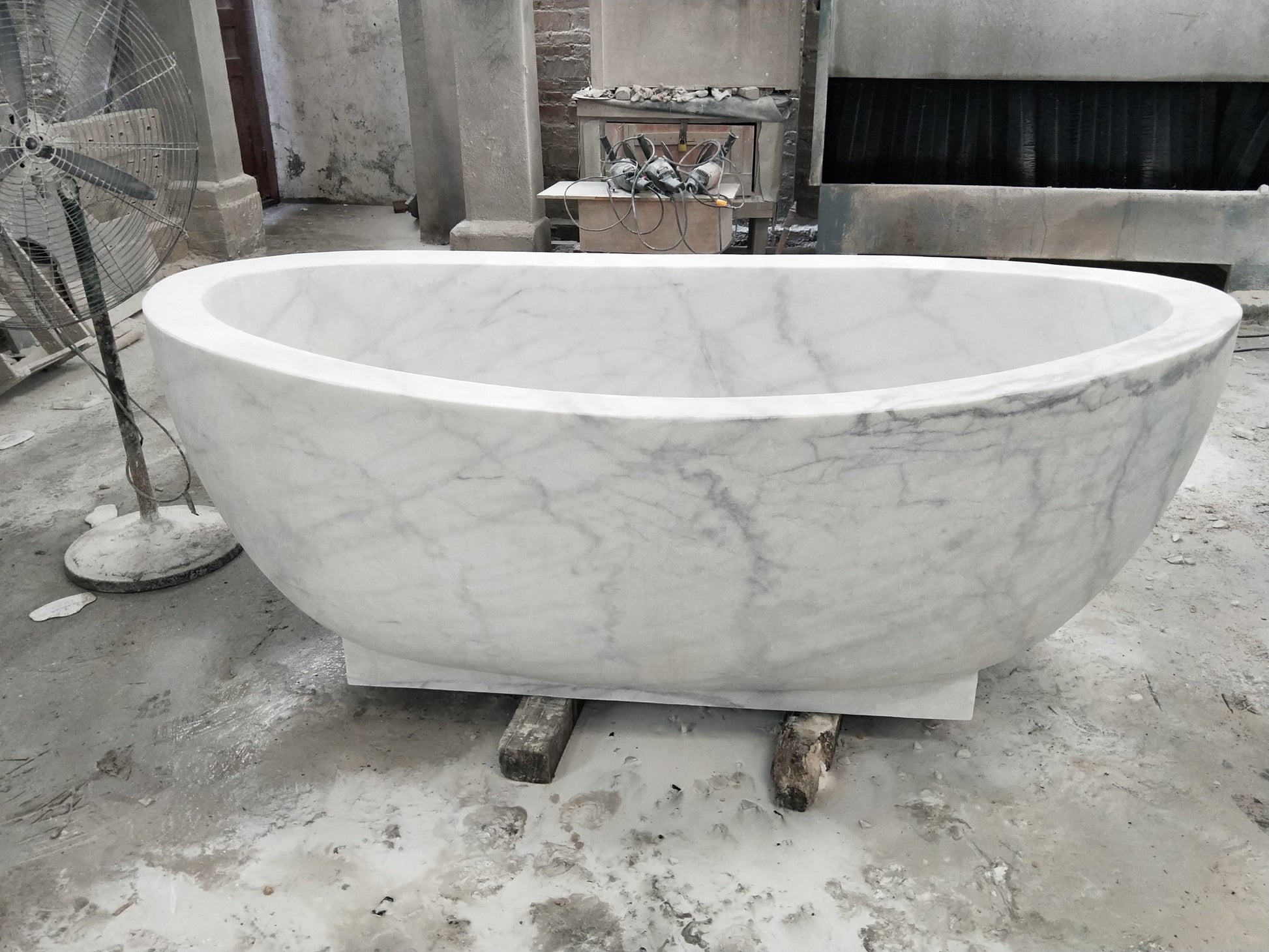 Actual Aurelia BT-038A solid marble pedestal soaking bathtub, side profile