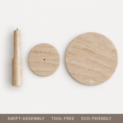 RoundTwin Elite travertine dining table modular components with tool-free assembly parts, including column, base, and tabletop