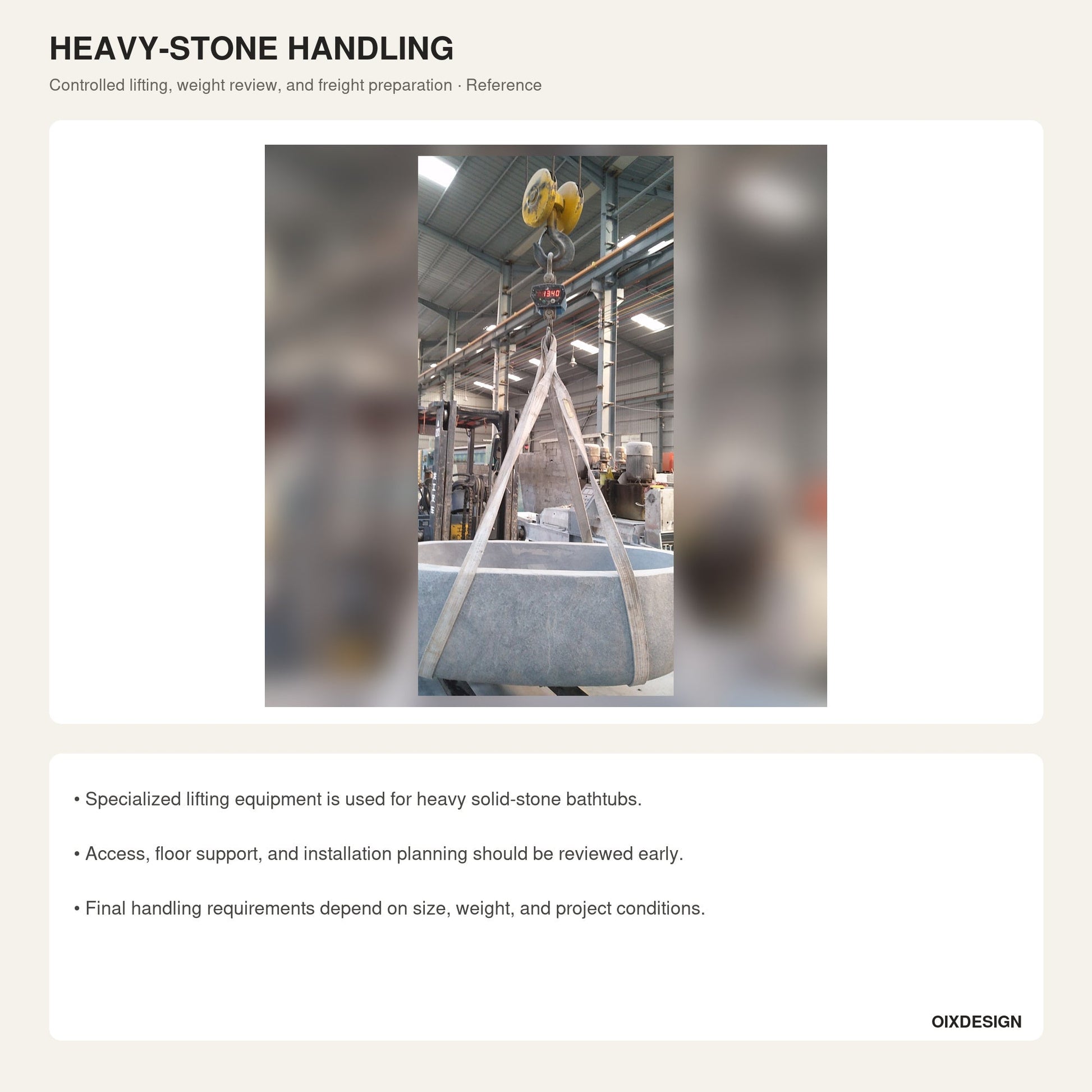 Heavy solid granite bathtub lifting and project handling reference for OIXDESIGN freight planning