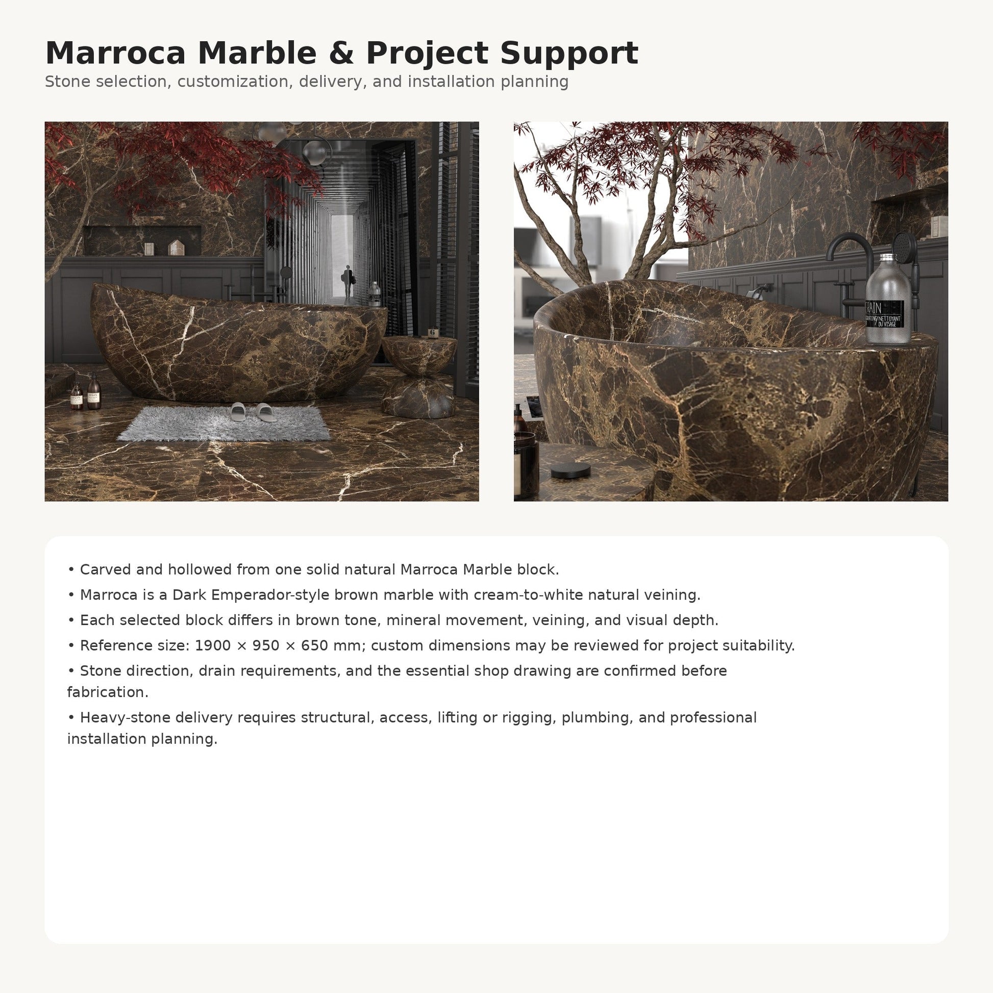 Yuka Dark Emperador Marble bathtub, stone selection and custom project support
