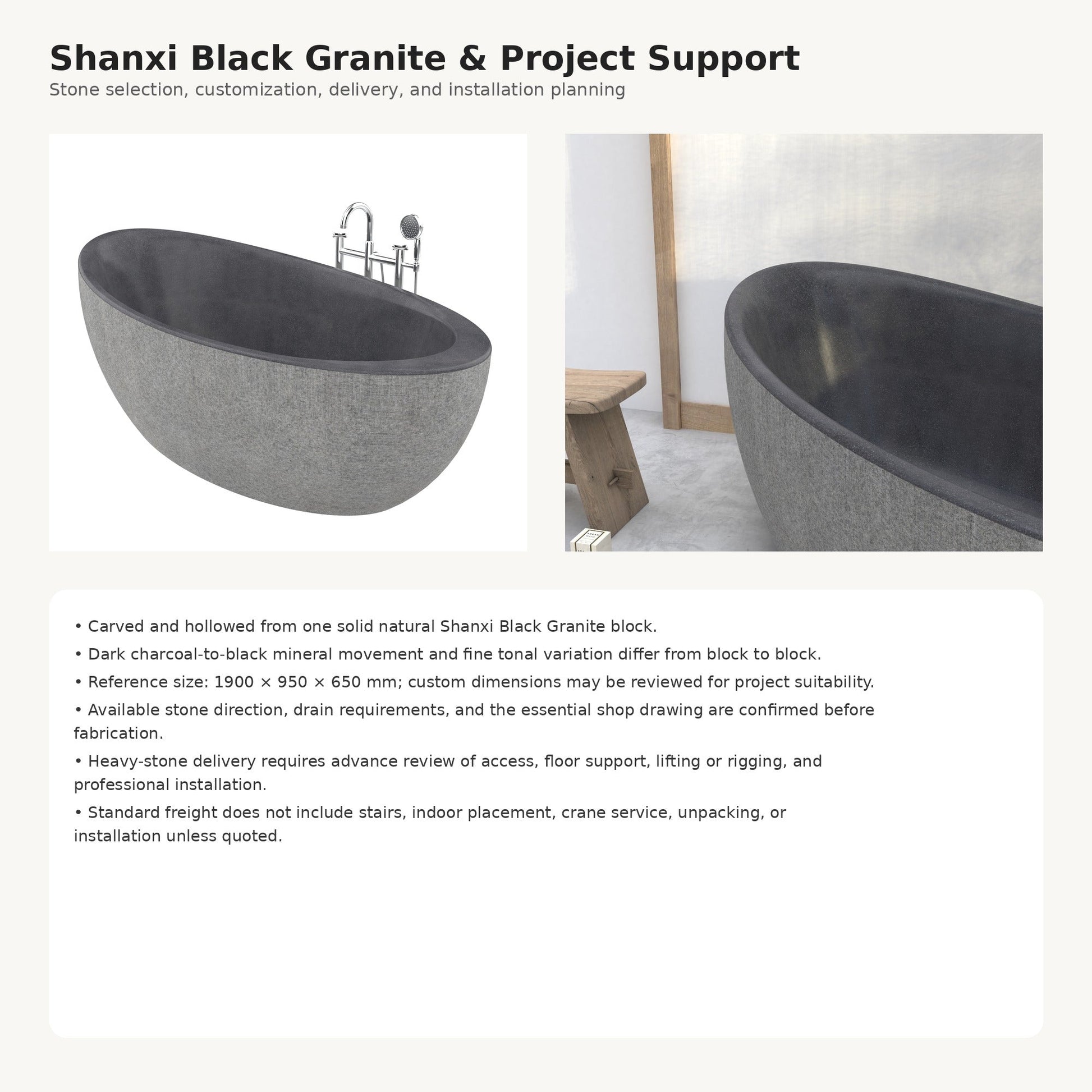 Yuka Shanxi Black Granite bathtub, stone selection and custom project support