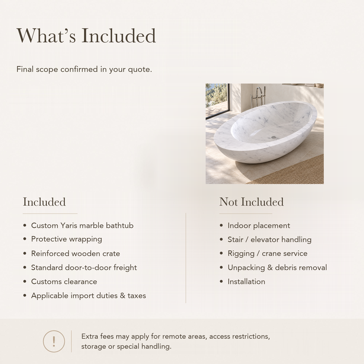 Yaris Freestanding Carrara White Marble Soaking Bathtub — What’s Included in the Reference Price.