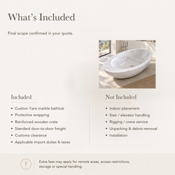 Yaris Freestanding Carrara White Marble Soaking Bathtub — What’s Included in the Reference Price.