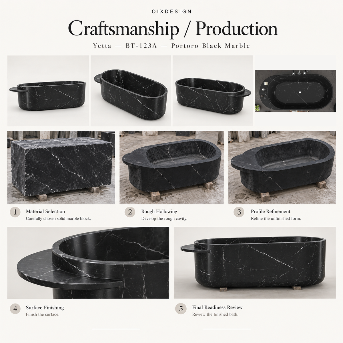 OIXDESIGN Yetta BT-123A Portoro Black Marble bathtub craftsmanship and production process overview with its distinctive side ledge.