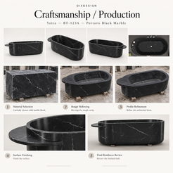 OIXDESIGN Yetta BT-123A Portoro Black Marble bathtub craftsmanship and production process overview with its distinctive side ledge.