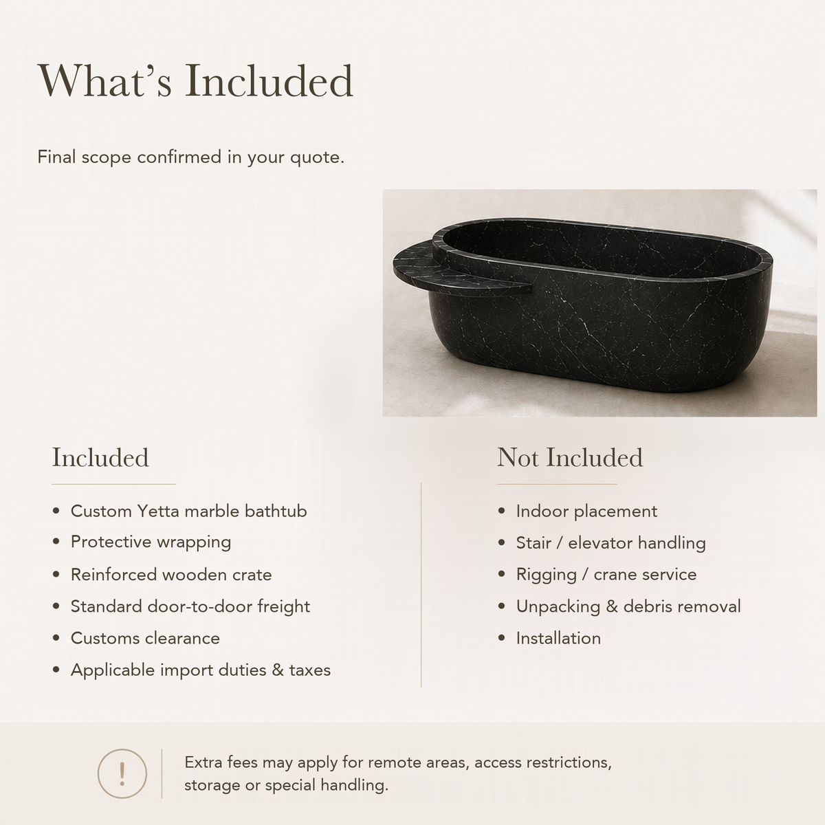 Yetta Freestanding Portoro Black Marble Soaking Bathtub — What’s Included in the Reference Price.