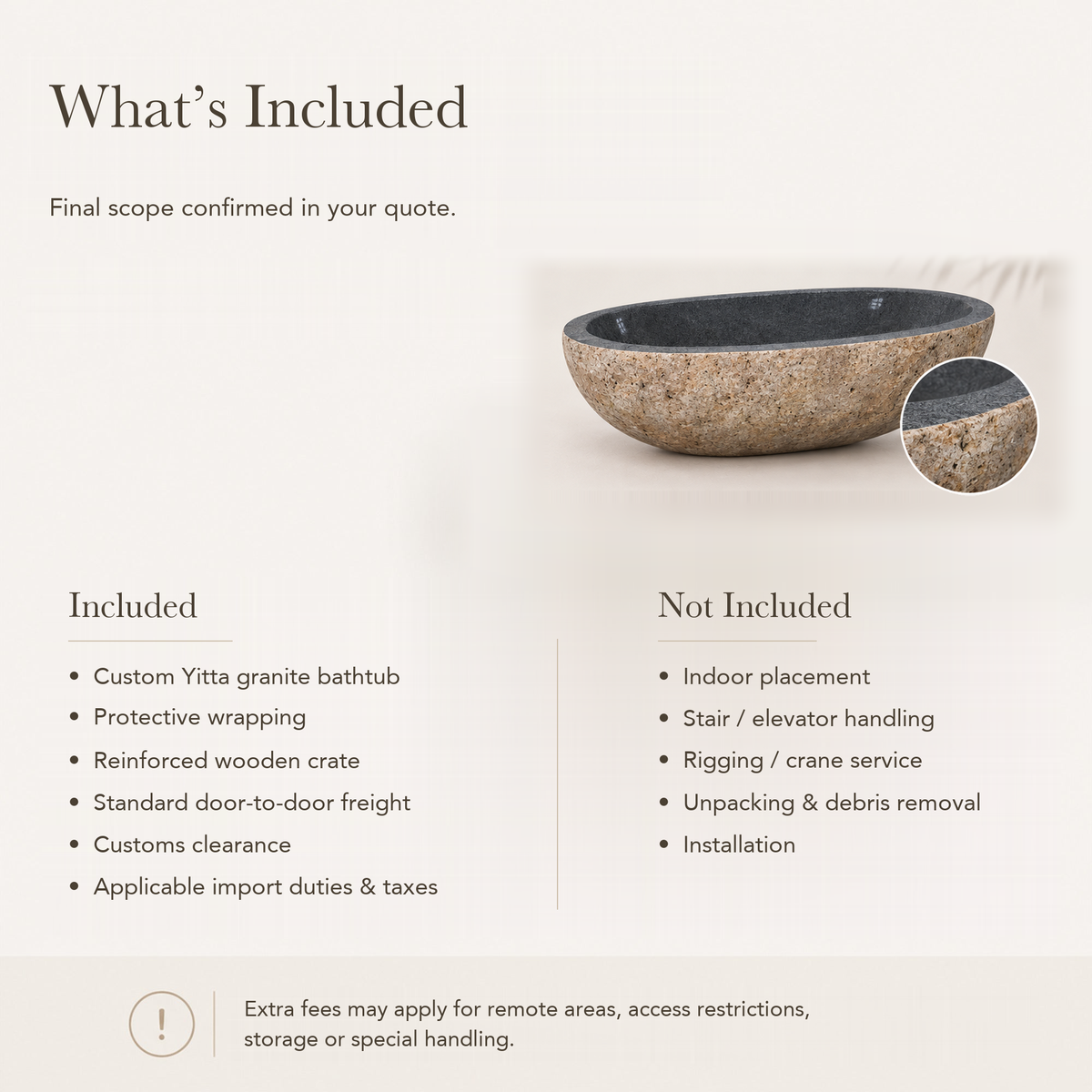 Yitta Freestanding Filetto Cobble Stone Granite Soaking Bathtub — What’s Included in the Reference Price.