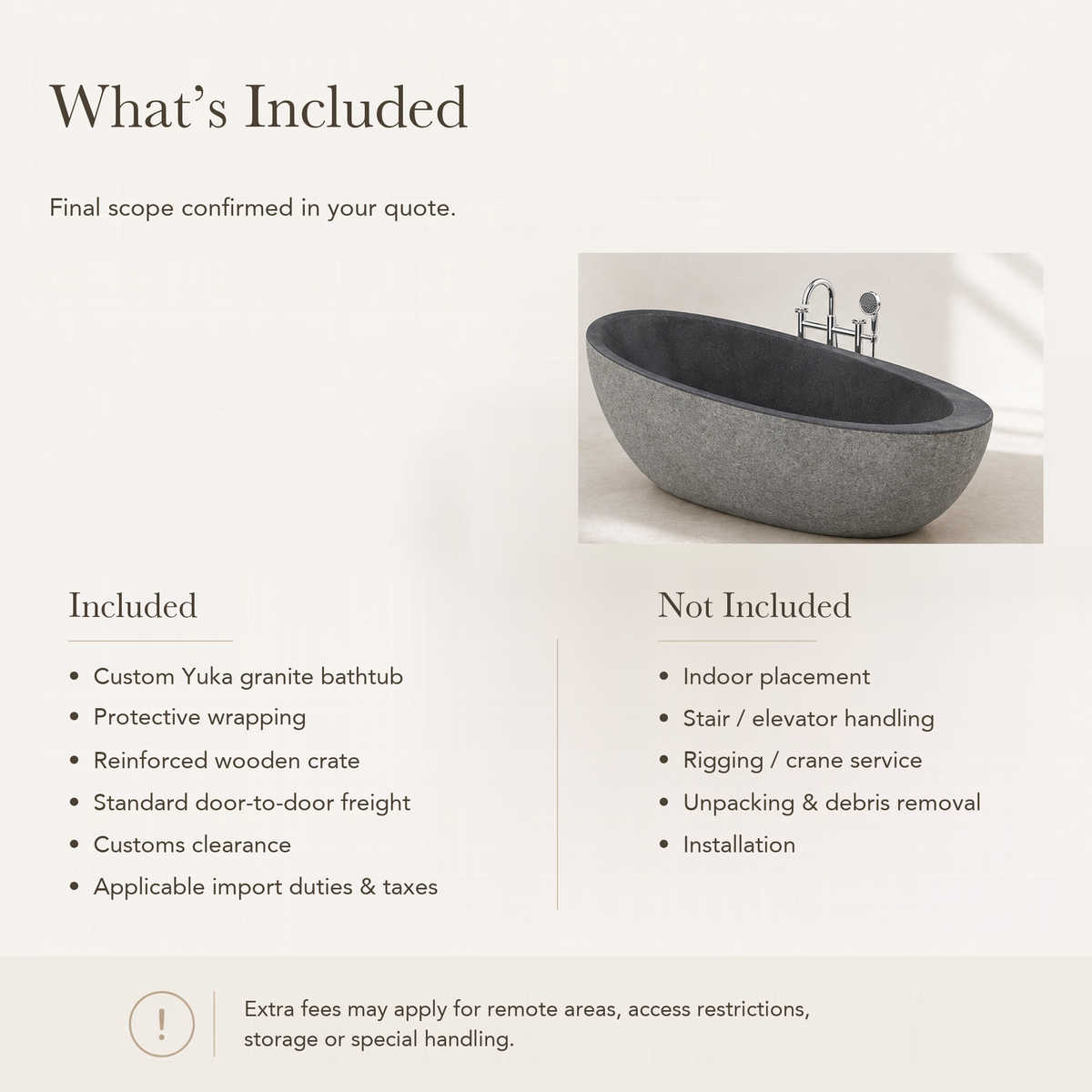 Yuka Absolute Black Granite bathtub — what’s included and not included; quote-confirmed freight scope and possible extra fees.