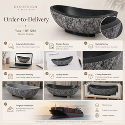 Yura BT-126A Neroco Granite bathtub — order-to-delivery; workflow; crating preparation before closure.