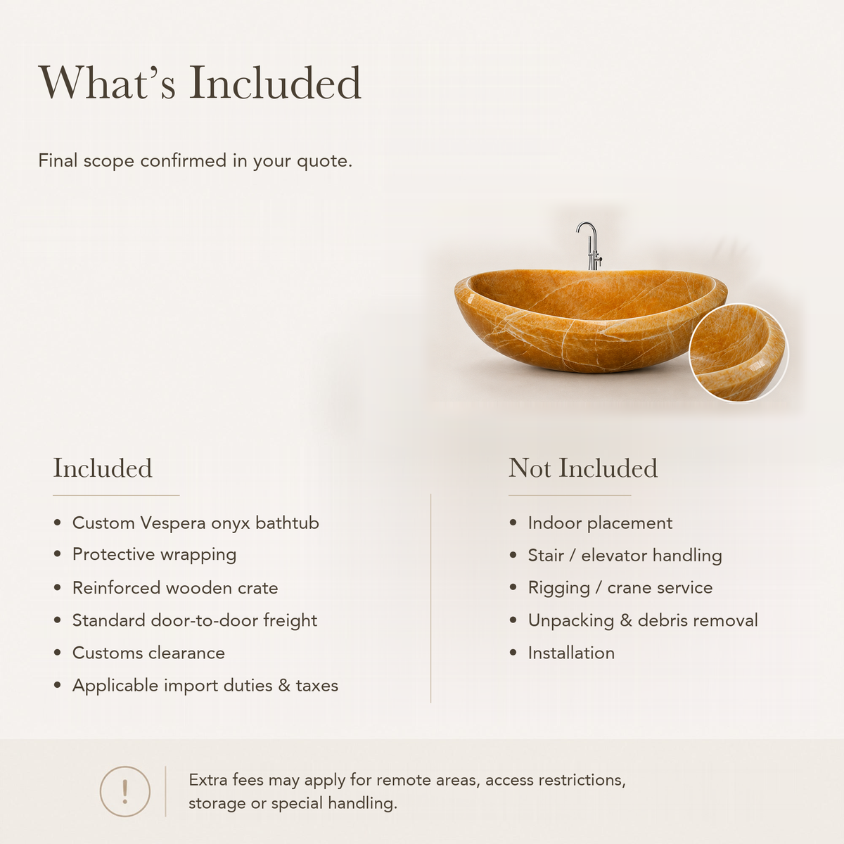 Vespera Freestanding Honey Onyx Soaking Bathtub — What’s Included in the Reference Price.