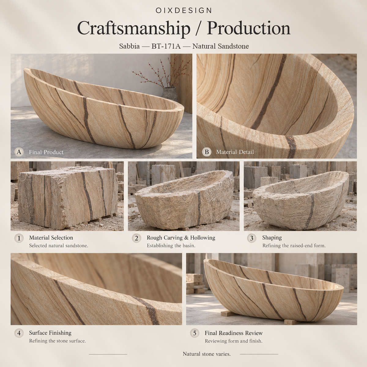 OIXDESIGN Sabbia BT-171A Natural Sandstone bathtub — craftsmanship process overview
