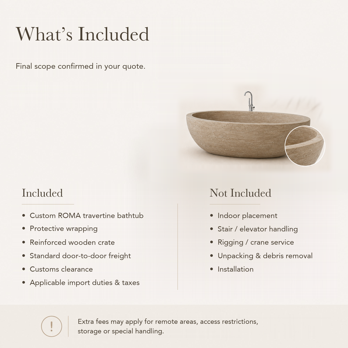 ROMA Roman Travertine stone bathtub — reference price inclusions and exclusions.