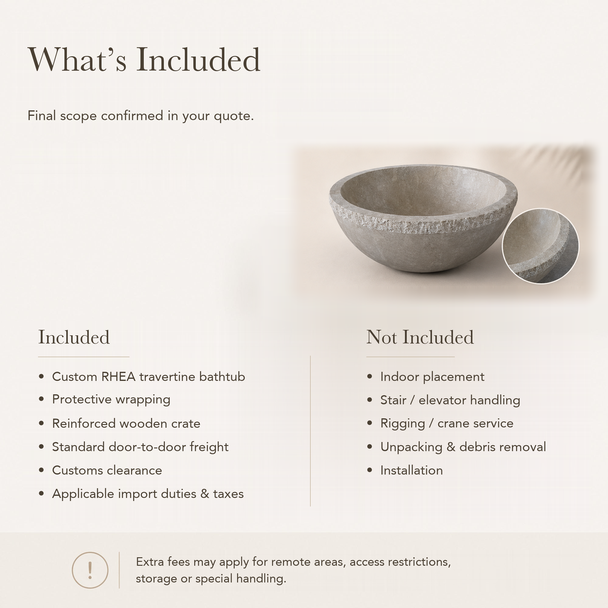 RHEA Natural Travertine stone bathtub — reference price inclusions and exclusions.