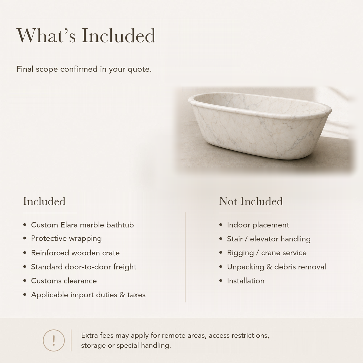 Elara Freestanding Rolled-Rim Marble Soaking Bathtub – Ivory Cloud — What’s Included in the Reference Price.
