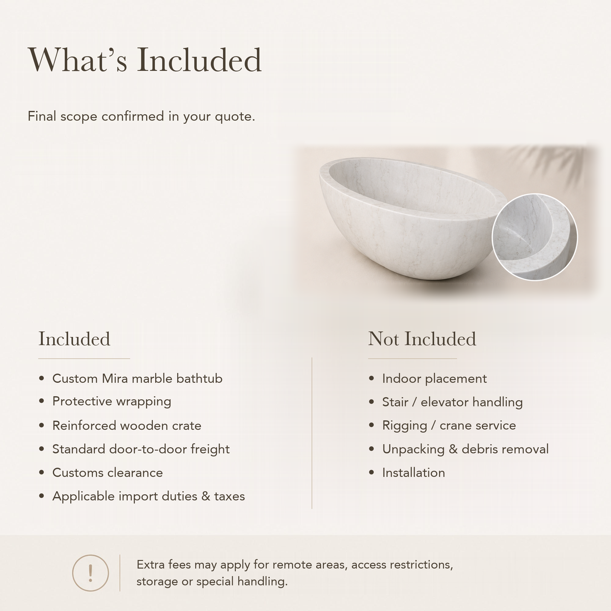 Mira Freestanding Deep Oval Marble Soaking Bathtub – Ivory Cloud — What’s Included in the Reference Price.