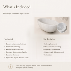 Mira Freestanding Deep Oval Marble Soaking Bathtub – Ivory Cloud — What’s Included in the Reference Price.