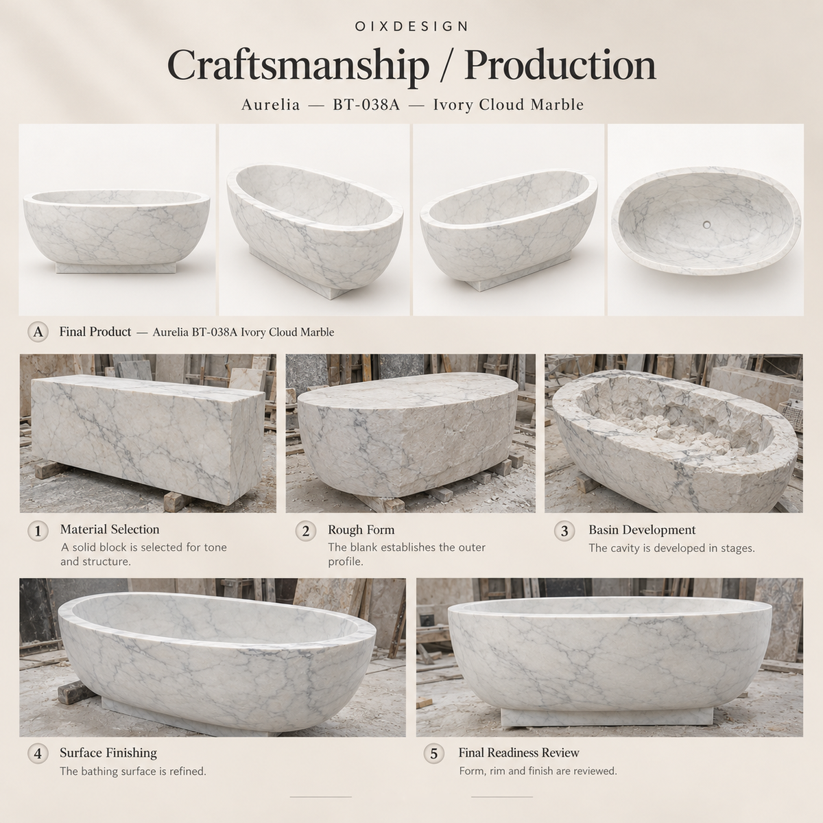 Aurelia BT-038A Ivory Cloud Marble bathtub — craftsmanship and production