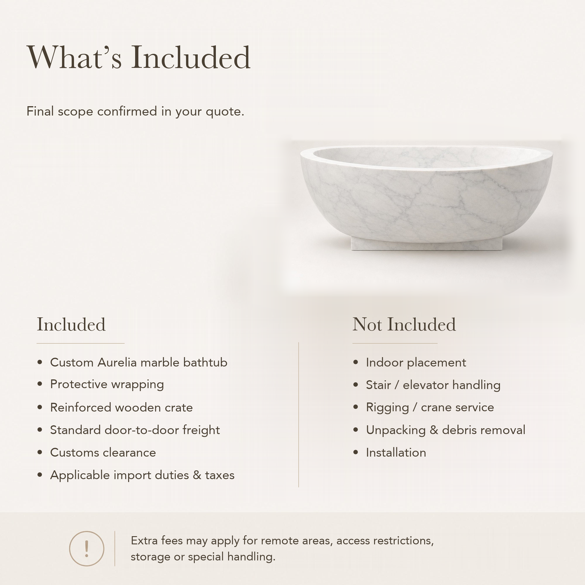 Aurelia Freestanding Pedestal Marble Soaking Bathtub – Ivory Cloud — What’s Included in the Reference Price.
