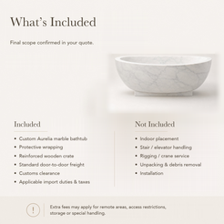 Aurelia Freestanding Pedestal Marble Soaking Bathtub – Ivory Cloud — What’s Included in the Reference Price.