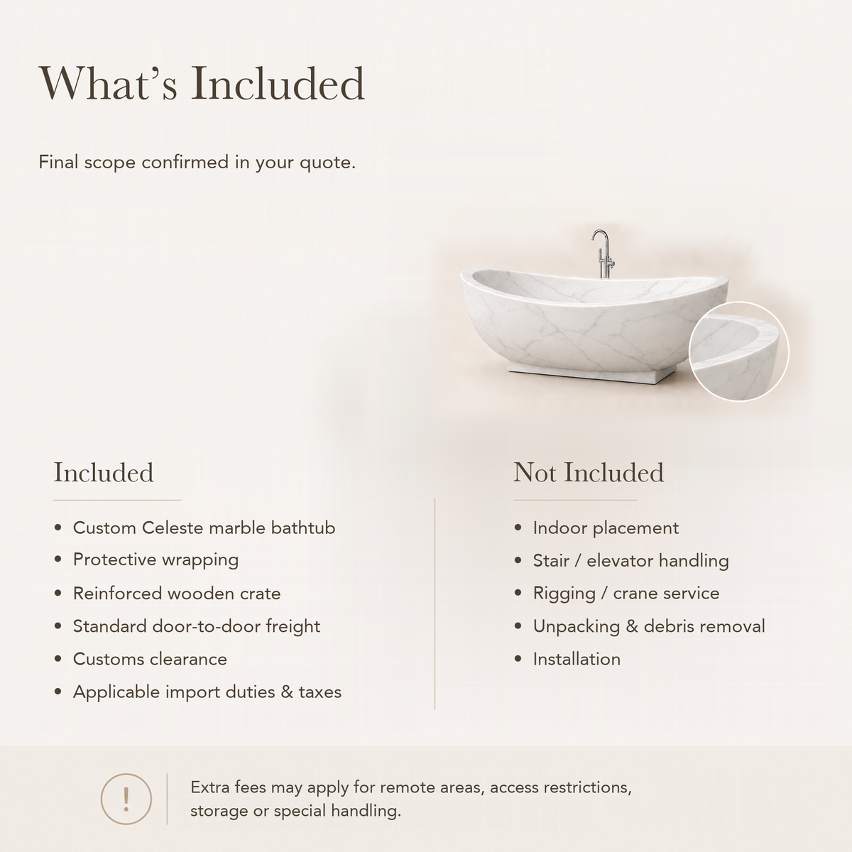 Celeste Freestanding Sculptural Marble Soaking Bathtub – Ivory Cloud — What’s Included in the Reference Price.