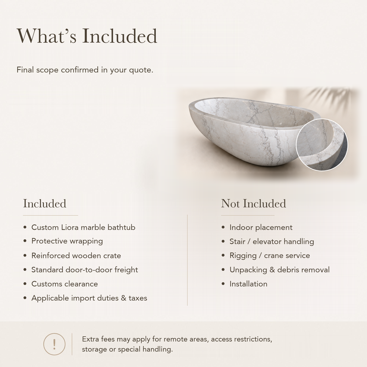 Liora Freestanding Egg-Shaped Marble Soaking Bathtub – Ivory Cloud — What’s Included in the Reference Price.