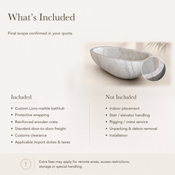 Liora Freestanding Egg-Shaped Marble Soaking Bathtub – Ivory Cloud — What’s Included in the Reference Price.