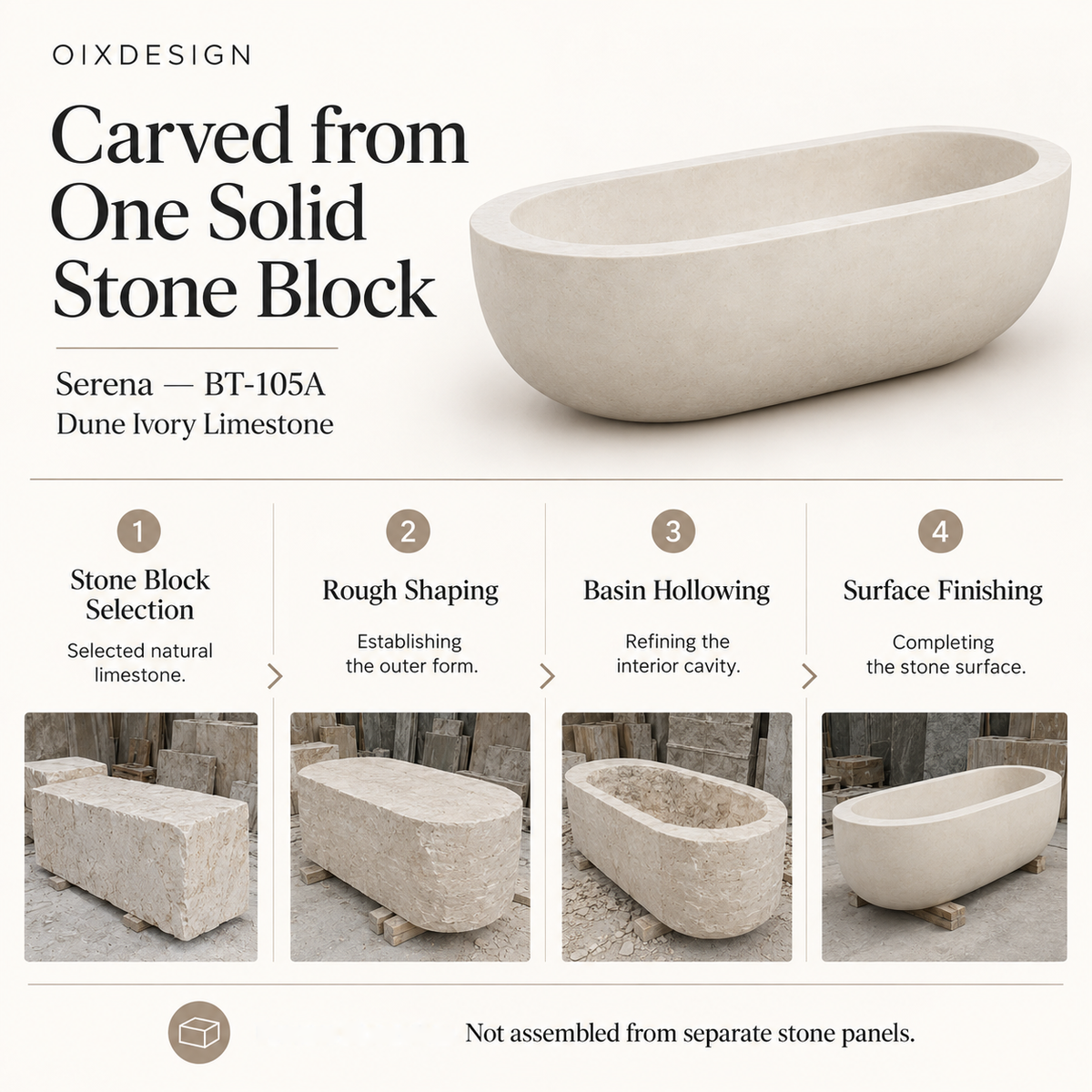 OIXDESIGN Serena BT-105A Dune Ivory Limestone bathtub — craftsmanship process overview