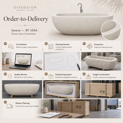 OIXDESIGN Serena BT-105A Dune Ivory Limestone bathtub — order-to-delivery workflow; packing preparation before closure, closed crate for shipment.