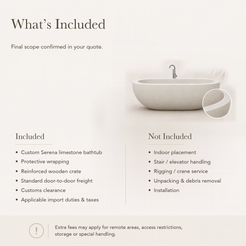 Serena Freestanding Dune Ivory Limestone Soaking Bathtub — What’s Included in the Reference Price.