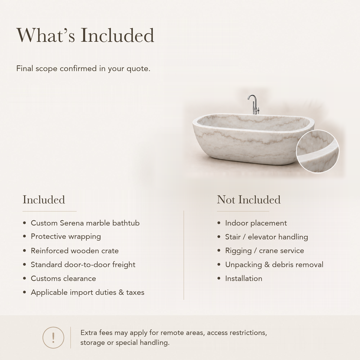 Serena Freestanding Ivory Cloud Marble Soaking Bathtub — What’s Included in the Reference Price.