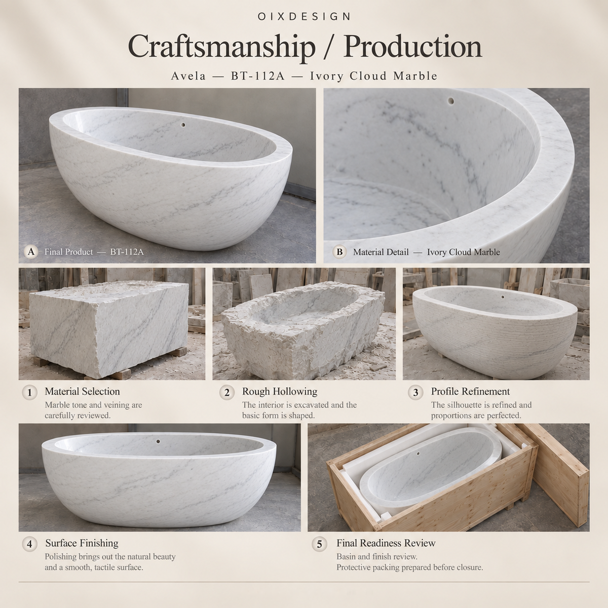 Avela BT-112A Ivory Cloud Marble bathtub — craftsmanship and production