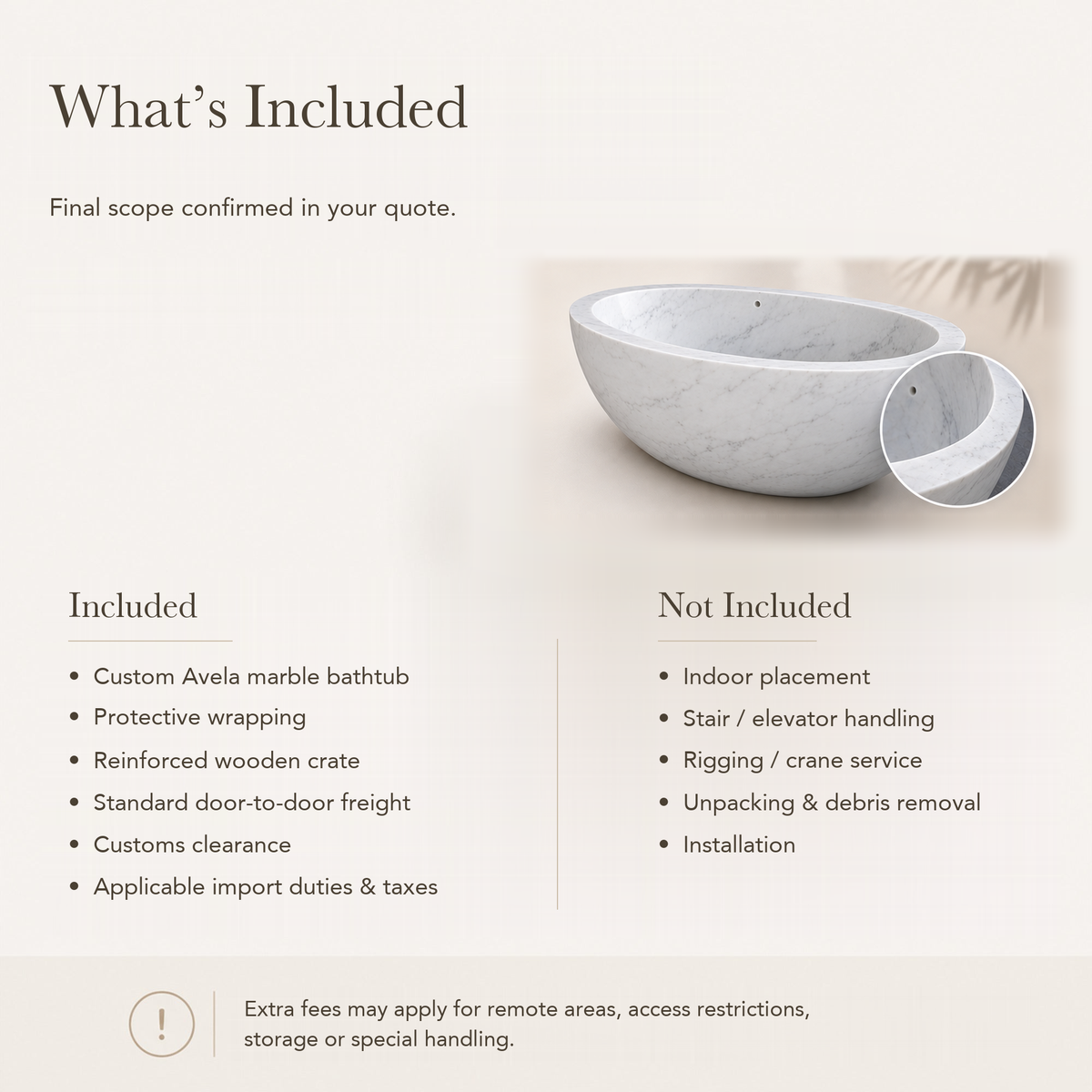 Avela Freestanding Deep Oval Ivory Cloud Marble Soaking Bathtub — What’s Included in the Reference Price.
