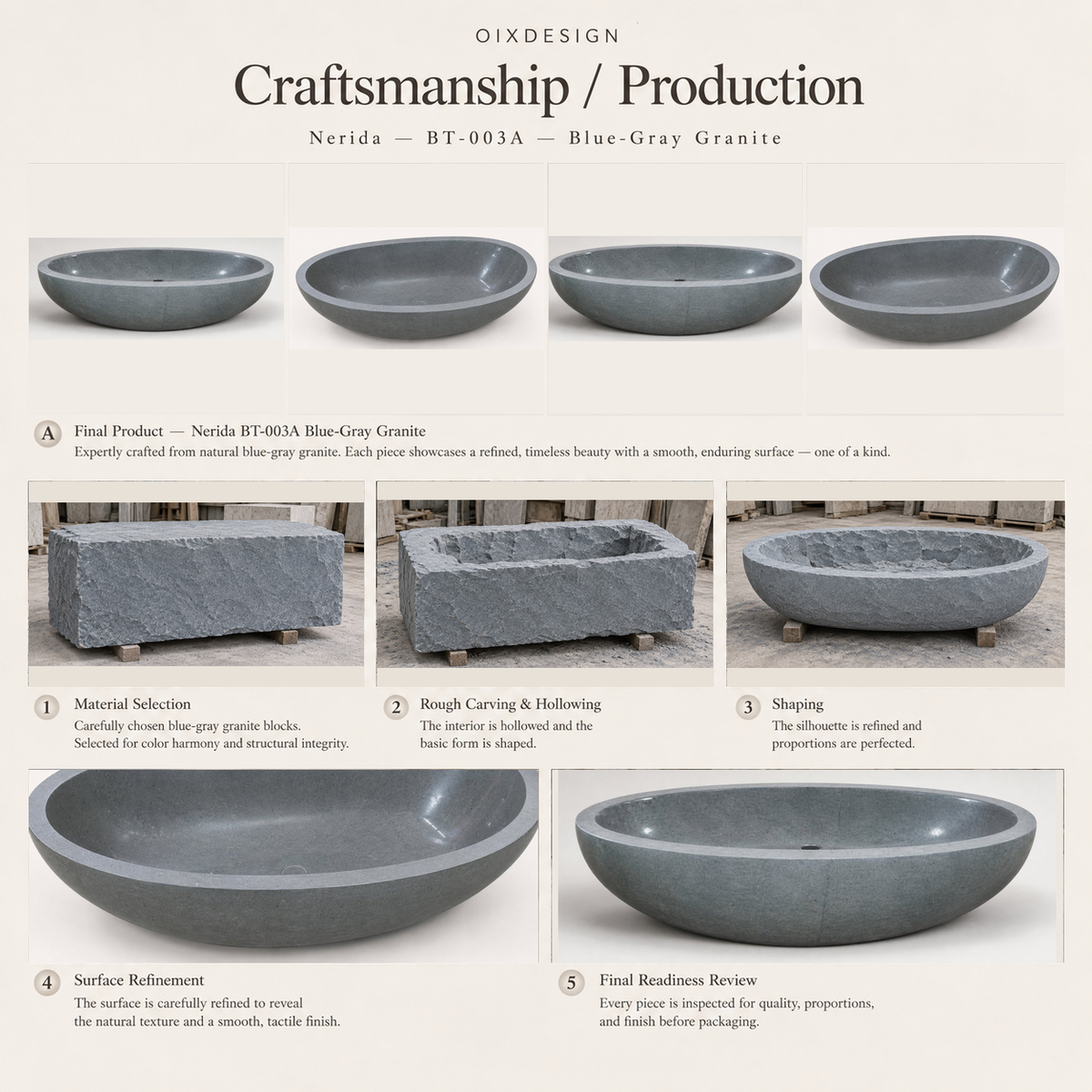 Nerida BT-003A Blue-Gray Granite — Craftsmanship process overview — OIXDESIGN