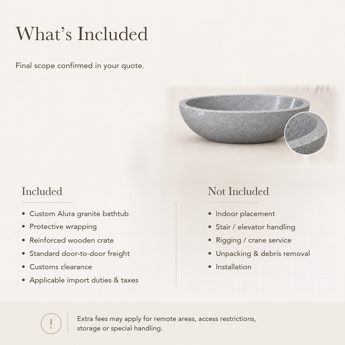 Alura Freestanding Alpine Silver Granite Soaking Bathtub — What’s Included in the Reference Price.