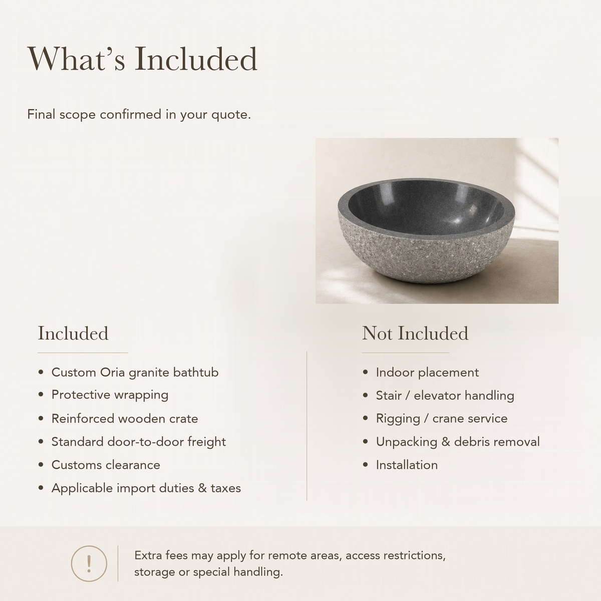 Oria Round Freestanding Charcoal Mist Granite Soaking Bathtub — What’s Included in the Reference Price.